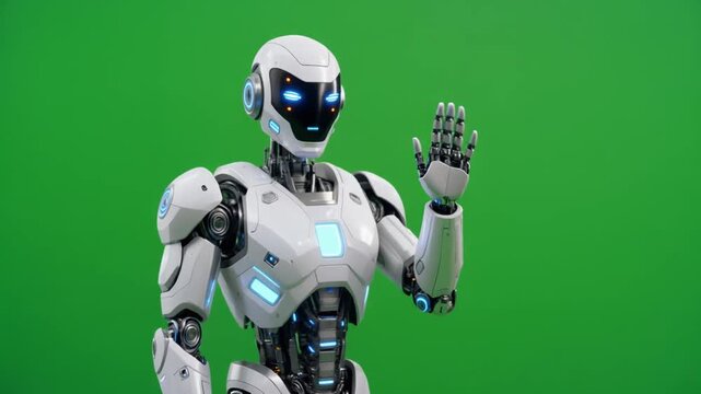 Humanoid robot greeting by waving hand on green screen background