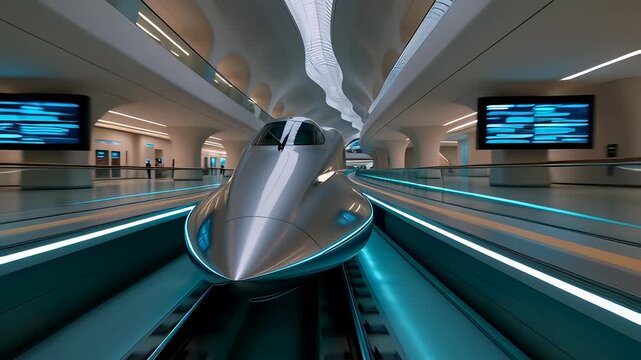 Futuristic silver bullet train speeding through a modern white subway station with teal lights in a cinematic 3D animation, symbolizing efficient public transportation.