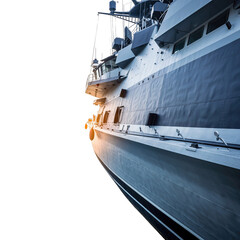 Close Up of a Modern Naval Ship's Hull with Reflective Windows and Detailed Panels Against a Black Background at Sunrise