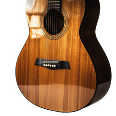 Close Up Of A Natural Wood Acoustic Guitar Body With Intricate Details Showing The Grain And Strings Under Soft Lighting On A Black Background