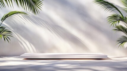 A clean white podium sits on a textured surface, bathed in dappled sunlight and framed by lush green palm leaves.