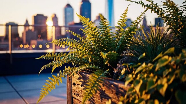 Rooftop garden with lush foliage, vibrant city skyline in the background, urban oasis at sunset evokes tranquility and modernity