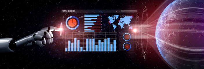 A captivating digital artwork showcasing a robotic hand interacting with a futuristic dashboard interface set against a cosmic backdrop, displaying data analytics. Impute