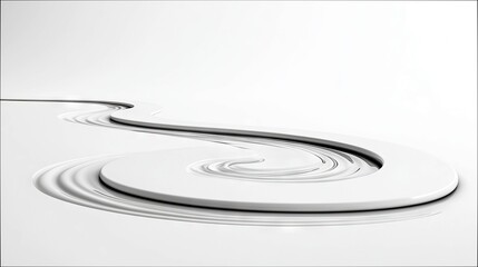A minimalist, abstract design featuring a white swirling pattern with concentric ripples and subtle shadows, set against a pure white background.