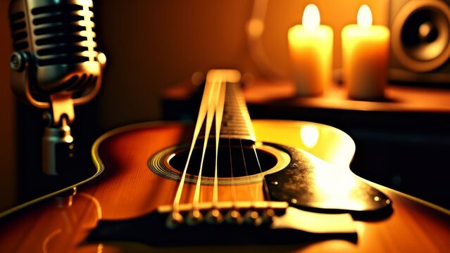 Acoustic guitar with microphone and burning candles