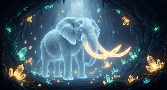Enchanted Elephant Guardian standing majestically in a crystal cave, glowing with magical energy, perfect for fantasy artwork, children's books and captivating digital creations