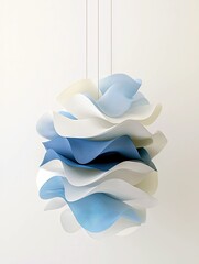 A contemporary pendant light fixture with multiple layered, wavy panels in white and blue, suspended against a clean white backdrop.
