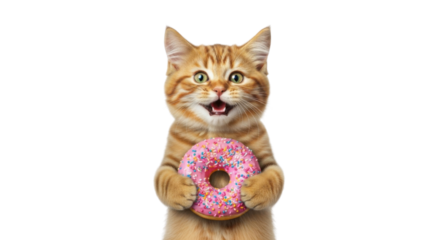 Happy ginger cat holding a donut isolated PNG with Transparent Background