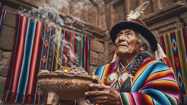 Elderly Indigenous man in colorful traditional attire, performing a ceremonial ritual, vibrant cultural celebration in ancient stone setting