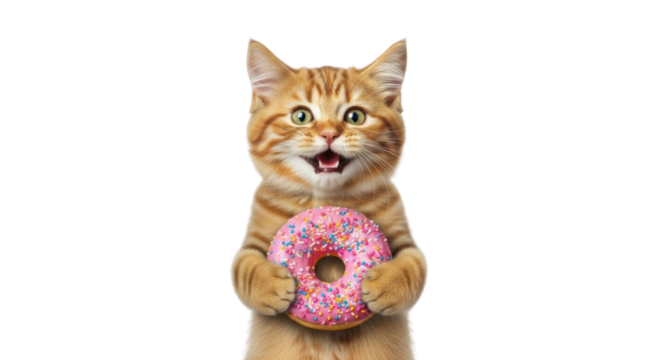 Happy ginger cat holding a donut isolated PNG with Transparent Background