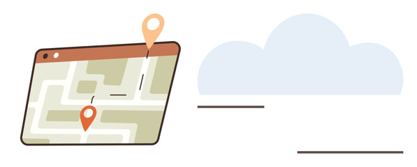 Map on a digital screen with routes and pins for locations, paired with a cloud. Ideal for travel, navigation, geolocation, technology, cloud computing, innovation data storage. Simple flat metaphor