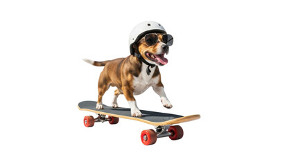 Happy dog on skateboard wearing helmet and sunglasses isolated PNG with Transparent Background