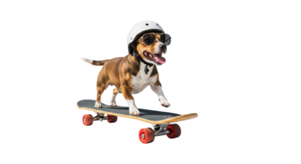 Happy dog on skateboard wearing helmet and sunglasses isolated PNG with Transparent Background