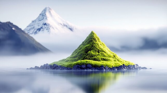 A serene landscape featuring a small, lush green island in calm water, with misty mountains and a snow-capped peak in the background.