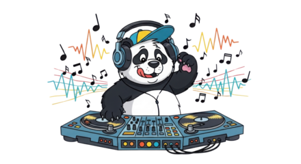 Cartoon panda DJ wearing headphones with musical notes isolated PNG with Transparent Background
