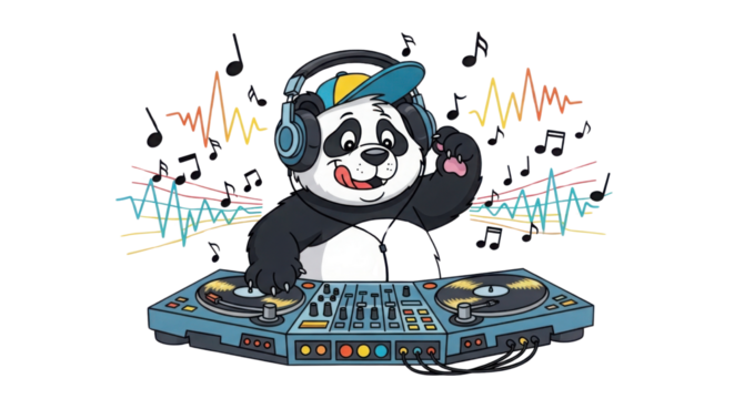 Cartoon panda DJ wearing headphones with musical notes isolated PNG with Transparent Background