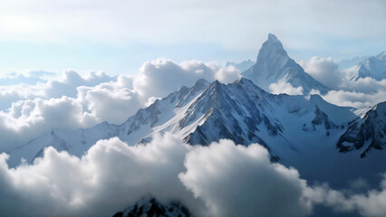 Majestic snow-covered mountain peaks rising above fluffy white clouds in serene blue and white colors for nature, adventure, and travel