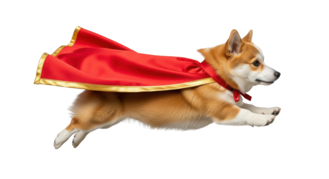 Superhero Corgi dog flying with red cape isolated PNG with Transparent Background