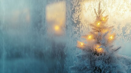 Christmas tree lights shining through a frosty window, soft glow .