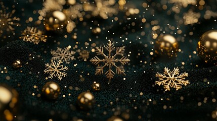 elegant golden snowflakes and golden balls scattered across a dark green background .