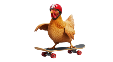 Chicken riding a skateboard wearing a helmet isolated PNG with Transparent Background