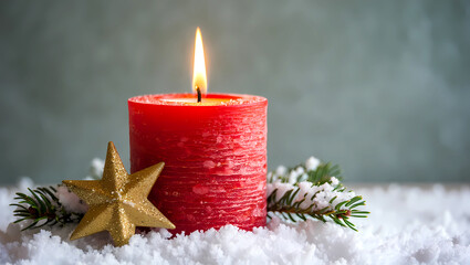 Red Christmas Candle with Gold Star on Snowy Winter Background