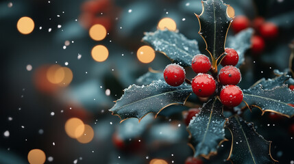 holly leaves with red berries on a green background.