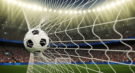 ​A perfect close-up capturing the defining moment of a soccer game: the ball finding the back of the goal