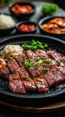 Korean BBQ beef on sizzling plate with side dishes, food ad with vibrant lighting .