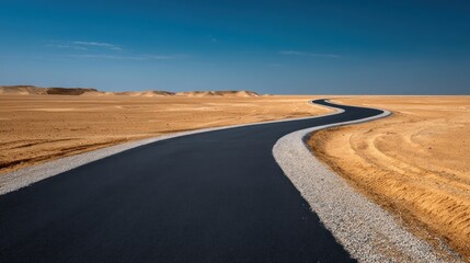Road winding through desert landscape under blue sky