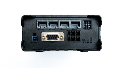 The back panel of a black industrial router or modem is shown, featuring LAN, WAN, RS232, and I/O ports on a clean white background.