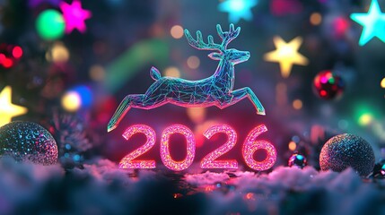 Futuristic greeting card with holographic reindeer jumping over 2026, neon stars around .