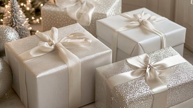Christmas presents wrapped in elegant paper, sparkling ribbons . - Powered by Adobe