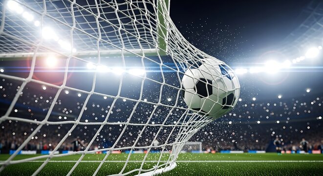 Football strikes the white mesh of the goal, a dramatic close-up showing the intensity of a night game under floodlights