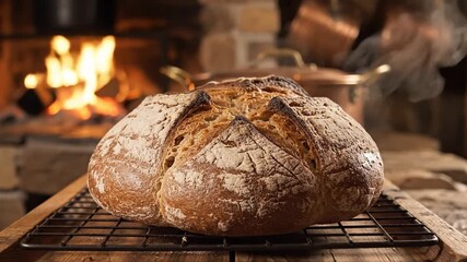 Rustic bread cooling on a wire rack, cozy kitchen ambiance with a warm fireplace, autumn vibes with golden crust details