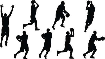 Basketball player silhouettes in dynamic action poses showcasing shooting, dribbling, jumping, and athletic movement for sports design, training, and creative projects