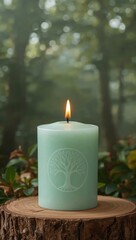 Green tree of life candle burning on wooden stump in outdoor forest setting with natural sunlight and bokeh background