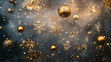 glittering golden snowflakes and festive golden balls on a misty gray backdrop .