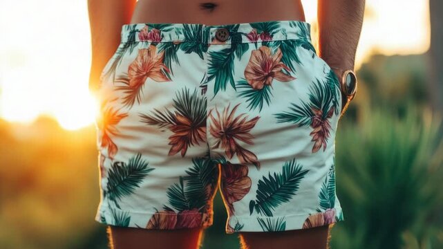 Video A person wearing colorful short pants with tropical patterns, suitable for vacation or outdoor activities