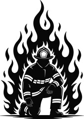 Brave firefighter kneeling in front of intense blazing flames, heroic fire rescue silhouette artwork symbolizing courage, strength, danger, protection, dedication
