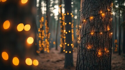 Naklejka premium glowing string lights wrapped around pine tree trunks in forest .
