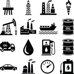 Collection of detailed oil industry icons showing drilling rigs, refineries, barrels, transportation, fuel stations, and petroleum symbols for energy resources illustrations