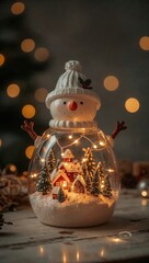 Festive snowman jar with christmas village, fairy lights, snowy trees, cozy holiday winter decoration, warm glowing bokeh