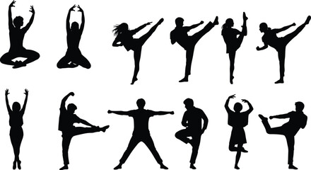 Dynamic collection of diverse dance silhouettes, yoga poses, martial arts movements, expressive body shapes, fitness activity icons, creative motion illustration set