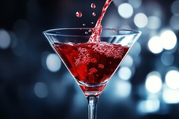 A vibrant red cocktail is poured into a martini glass, creating a striking visual contrast against the blurred background of bokeh lights.
