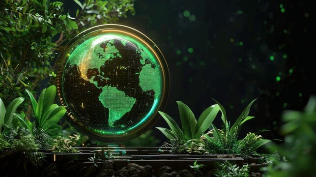 Green Globe Surrounded by Lush Plants and Digital Elements