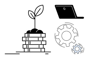 Stack of coins with a small plant, a laptop, and spinning gears representing innovation, sustainability, technology, economic growth, productivity, eco-friendly initiatives and development. Ideal