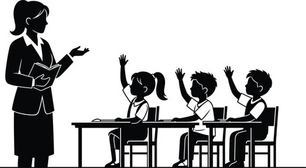 Silhouette classroom scene showing teacher instructing students raising hands during lesson, education learning environment, school teaching interaction, academic classroom illustration