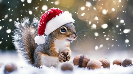 Baby squirrel with a Santa hat, collecting acorns in the snow .