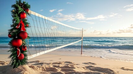 Christmas-themed beach volleyball net, ocean backdrop .